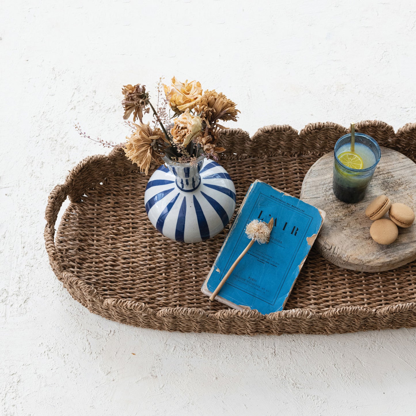 Hand Woven Scalloped Tray with Handles