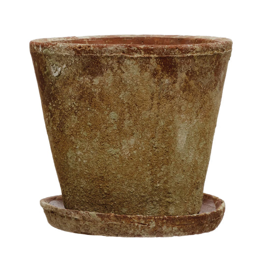 Large Distressed Cement Planter with Saucer