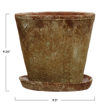Large Distressed Cement Planter with Saucer