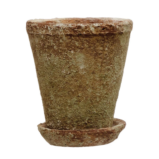 Small Distressed Cement Planter with Saucer